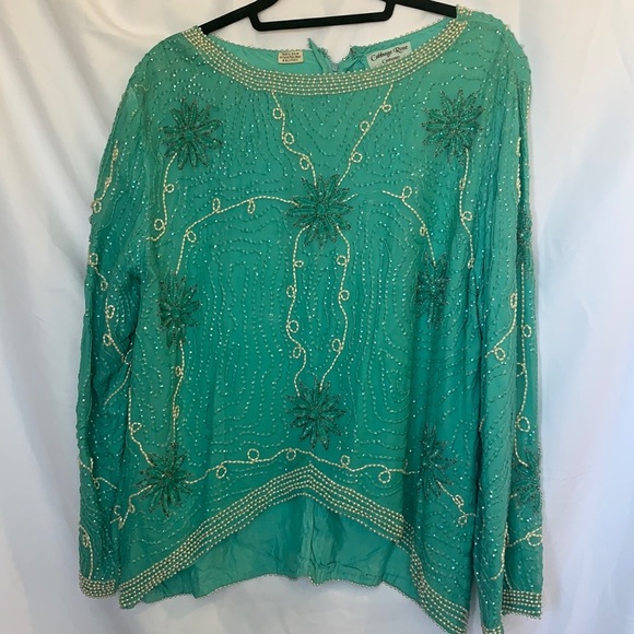 Vintage Y2K Beaded  pearl long sleeve slik top size L - Picture 2 of 8